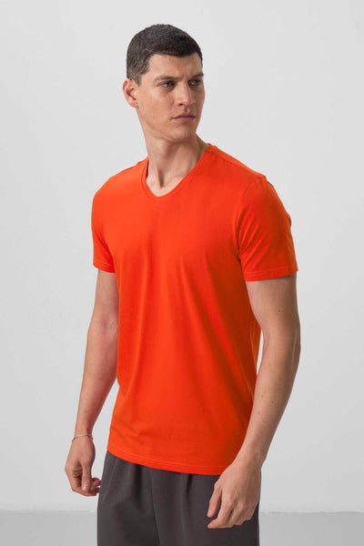 Tommylife Toptan V Yaka Standart Kalıp Basic Erkek T-Shirt 87912 Portakal