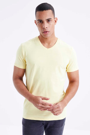 Tommylife Toptan V Yaka Standart Kalıp Basic Erkek T-Shirt 87912 Sarı