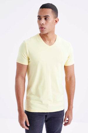 Tommylife Toptan V Yaka Standart Kalıp Basic Erkek T-Shirt 87912 Sarı