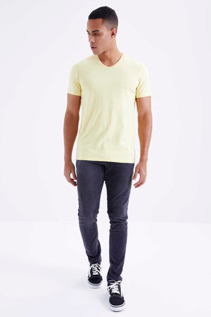 Tommylife Toptan V Yaka Standart Kalıp Basic Erkek T-Shirt 87912 Sarı