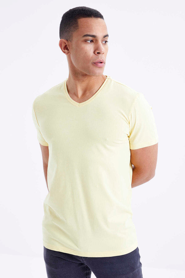 Tommylife Toptan V Yaka Standart Kalıp Basic Erkek T-Shirt 87912 Sarı