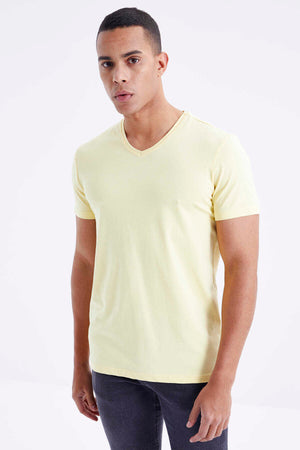 Tommylife Toptan V Yaka Standart Kalıp Basic Erkek T-Shirt 87912 Sarı