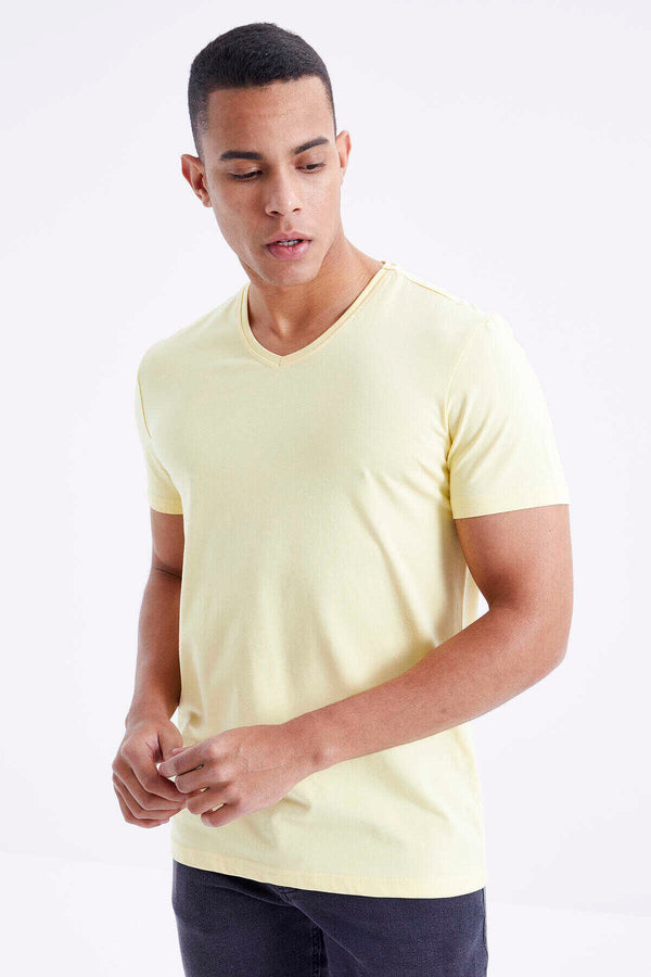 Tommylife Toptan V Yaka Standart Kalıp Basic Erkek T-Shirt 87912 Sarı