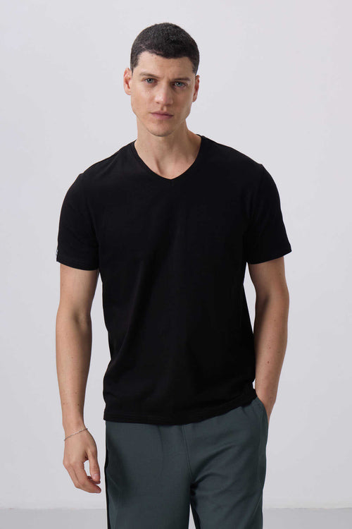 Tommylife Toptan V Yaka Standart Kalıp Basic Erkek T-Shirt 87912 Siyah