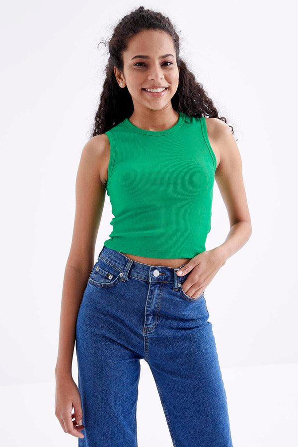 Tommylife Toptan Yeşil Basic Kolsuz O Yaka Kadın Crop Top Atlet - 97204