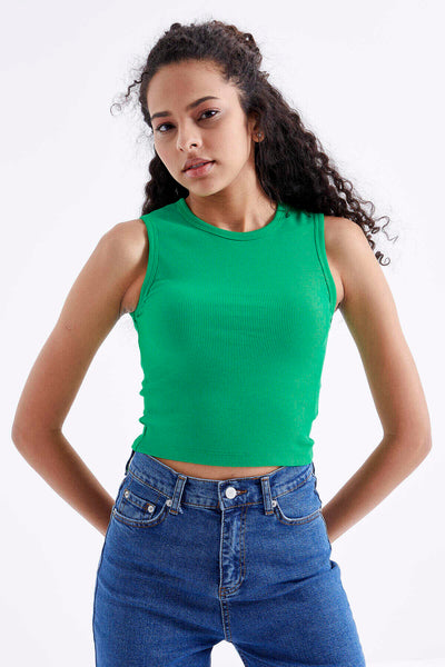 Tommylife Toptan Yeşil Basic Kolsuz O Yaka Kadın Crop Top Atlet - 97204