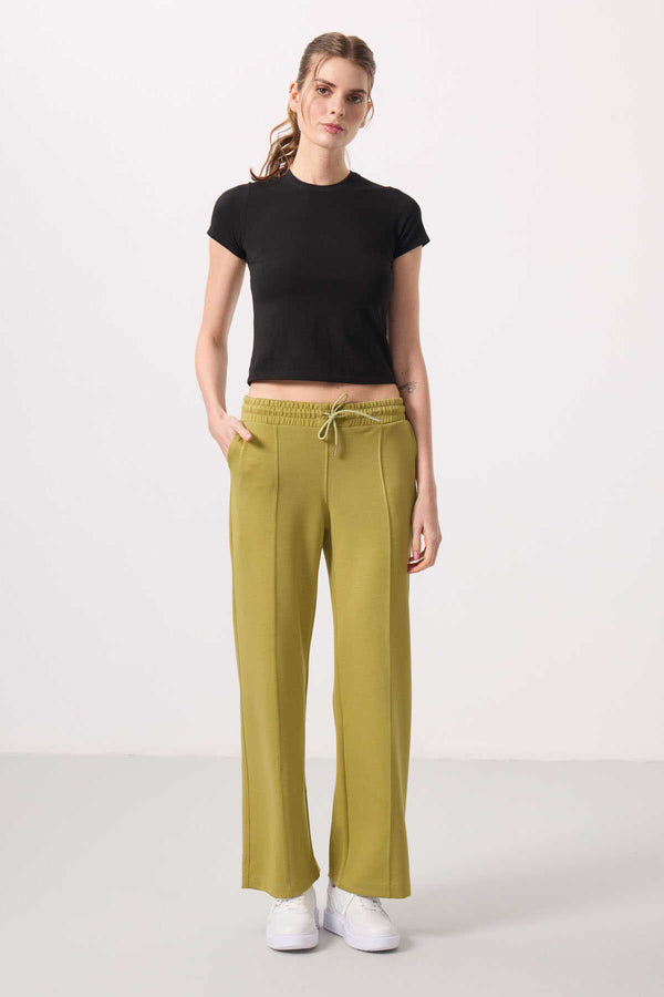 Tommylife Toptan Yumuşak Dokulu Cepli Ön Dikiş Detaylı Kadın Palazzo Pantolon - 94670 Koyu Hardal