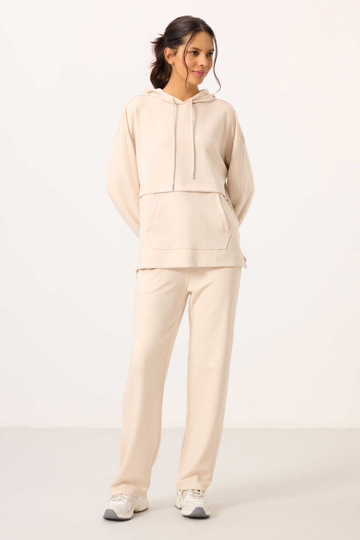 Tommylife Toptan Yumuşak Dokulu Kapüşonlu Oversize Kadın Eşofman Tunik Takım - 95348 Bej
