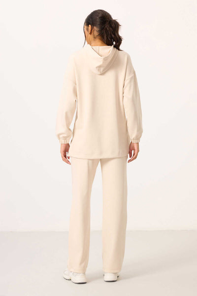 Tommylife Toptan Yumuşak Dokulu Kapüşonlu Oversize Kadın Eşofman Tunik Takım - 95348 Bej