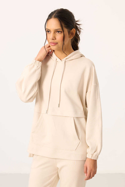 Tommylife Toptan Yumuşak Dokulu Kapüşonlu Oversize Kadın Eşofman Tunik Takım - 95348 Bej