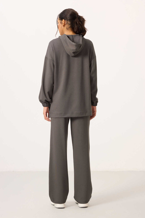 Tommylife Toptan Yumuşak Dokulu Kapüşonlu Oversize Kadın Eşofman Tunik Takım - 95348 Koyu Gri