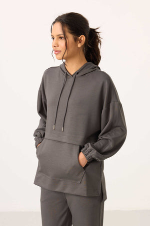 Tommylife Toptan Yumuşak Dokulu Kapüşonlu Oversize Kadın Eşofman Tunik Takım - 95348 Koyu Gri