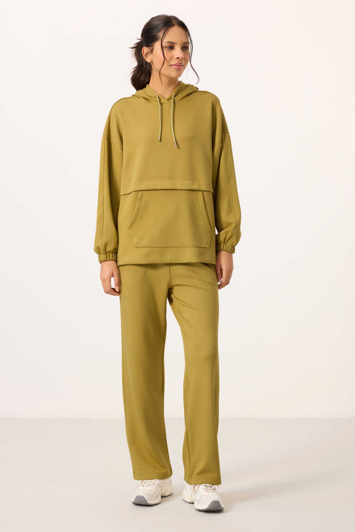 Tommylife Toptan Yumuşak Dokulu Kapüşonlu Oversize Kadın Eşofman Tunik Takım - 95348 Koyu Hardal