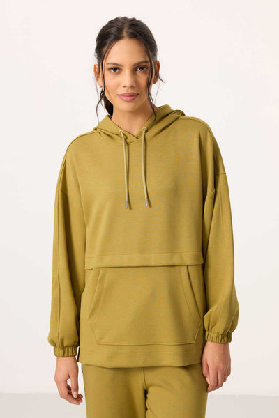 Tommylife Toptan Yumuşak Dokulu Kapüşonlu Oversize Kadın Eşofman Tunik Takım - 95348 Koyu Hardal