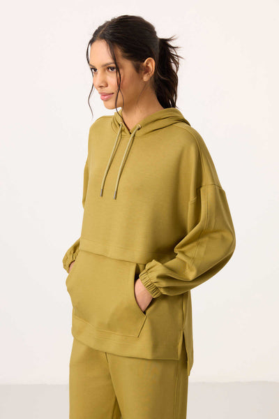 Tommylife Toptan Yumuşak Dokulu Kapüşonlu Oversize Kadın Eşofman Tunik Takım - 95348 Koyu Hardal