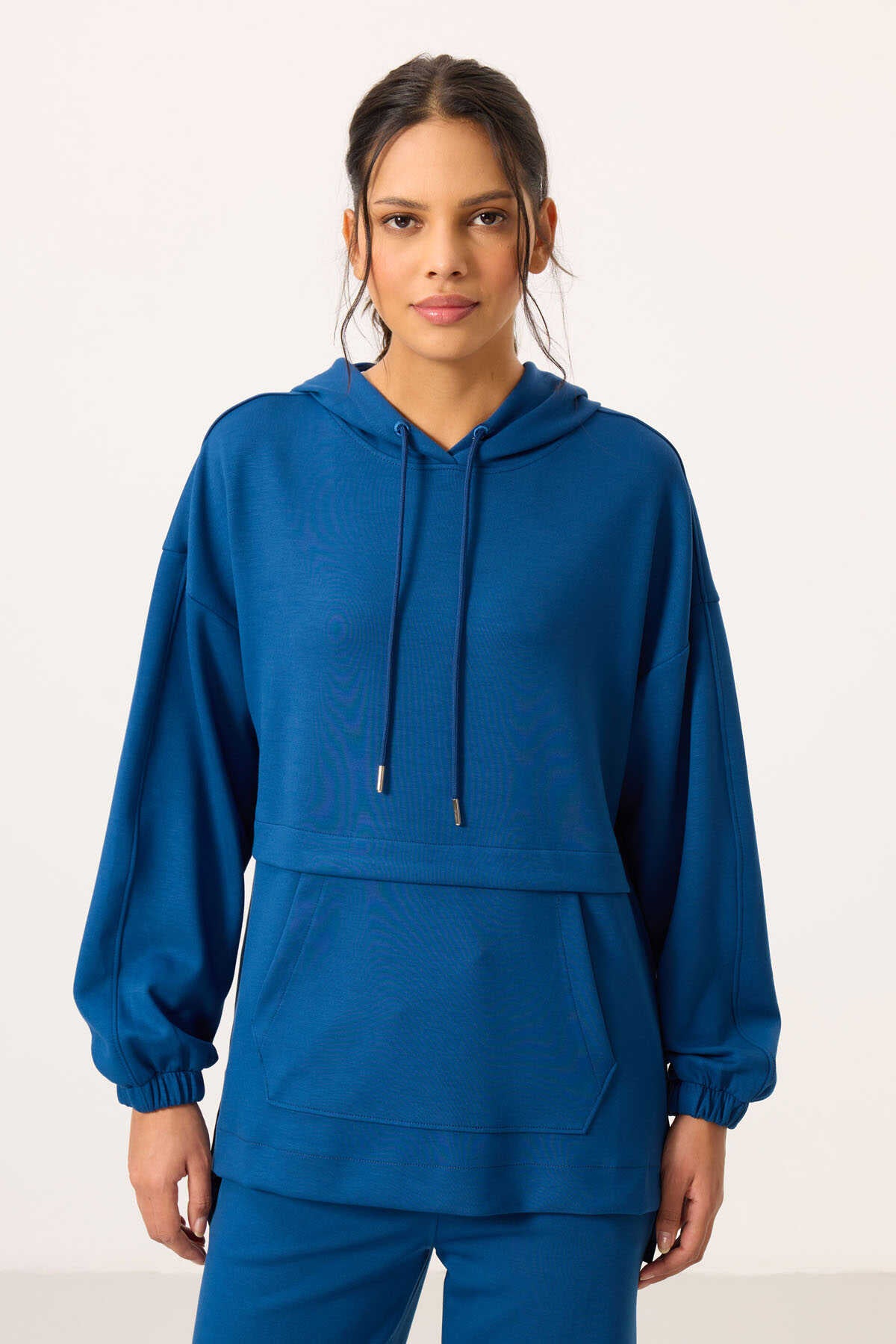 Tommylife Toptan Yumuşak Dokulu Kapüşonlu Oversize Kadın Eşofman Tunik Takım - 95348 Parlament