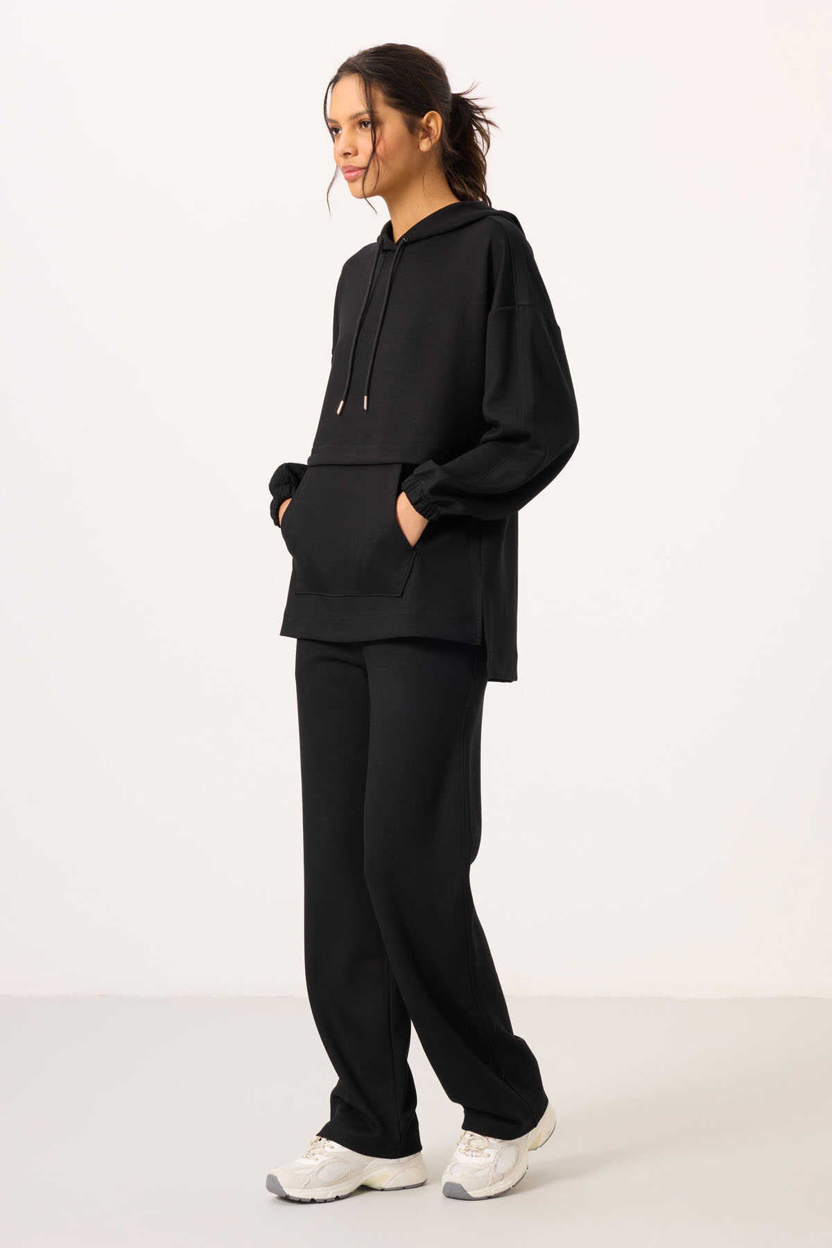 Tommylife Toptan Yumuşak Dokulu Kapüşonlu Oversize Kadın Eşofman Tunik Takım - 95348 Siyah