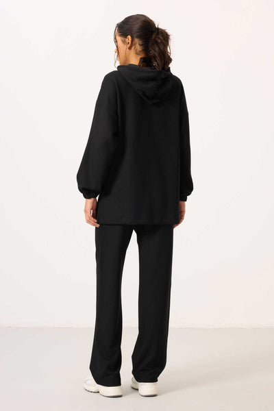 Tommylife Toptan Yumuşak Dokulu Kapüşonlu Oversize Kadın Eşofman Tunik Takım - 95348 Siyah