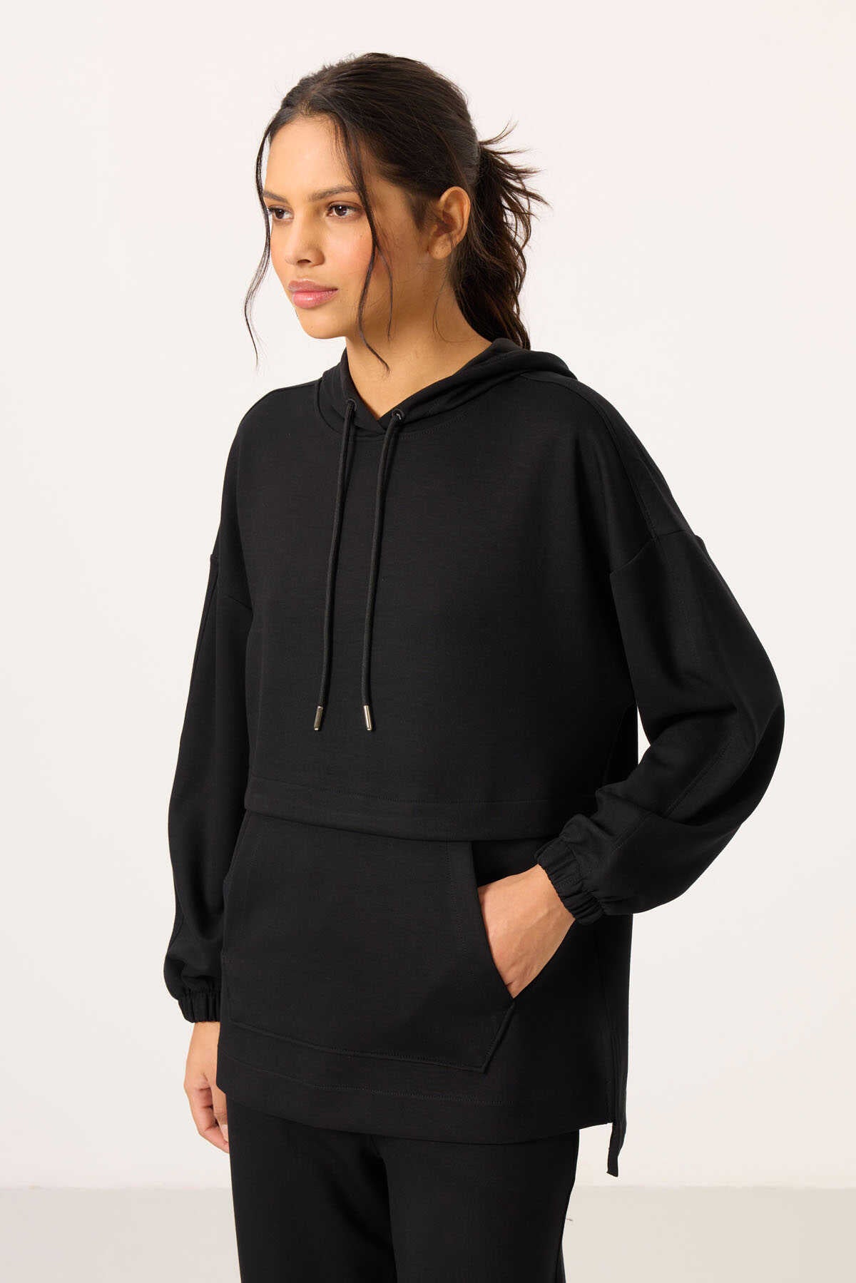 Tommylife Toptan Yumuşak Dokulu Kapüşonlu Oversize Kadın Eşofman Tunik Takım - 95348 Siyah