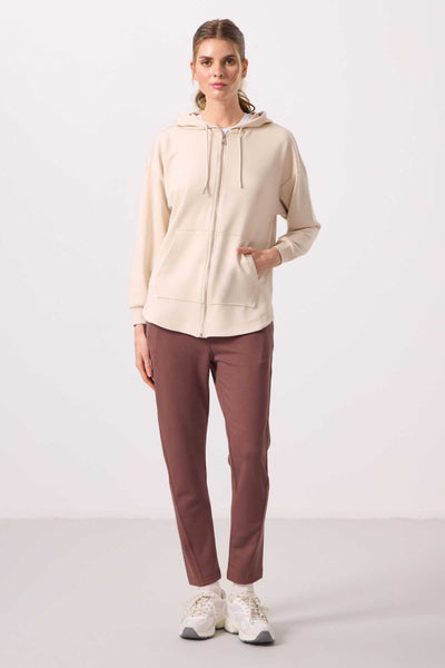 Tommylife Toptan Pufos Texturat Gluga Oversize Femeie Tunica Sweatshirt - 97302 Bej