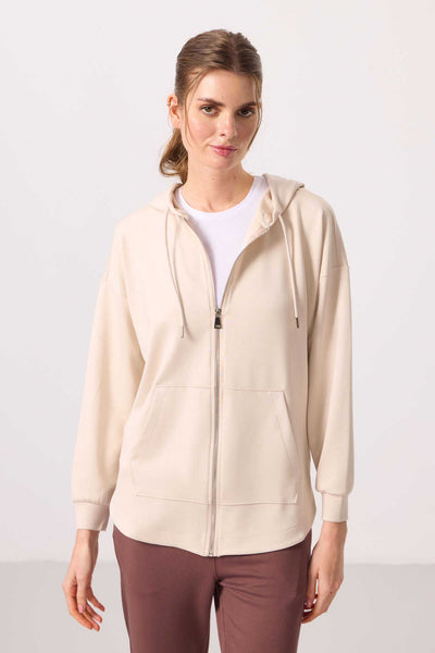 Tommylife Toptan Pufos Texturat Gluga Oversize Femeie Tunica Sweatshirt - 97302 Bej