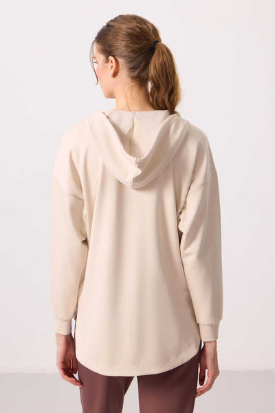 Tommylife Toptan Pufos Texturat Gluga Oversize Femeie Tunica Sweatshirt - 97302 Bej
