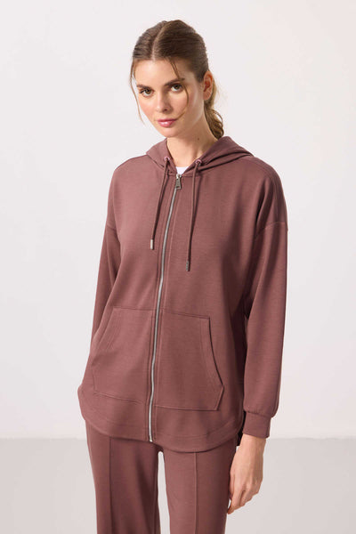Tommylife Toptan Yumuşak Dokulu Kapüşonlu Oversize Kadın Tunik Sweatshirt - 97302 Kahverengi