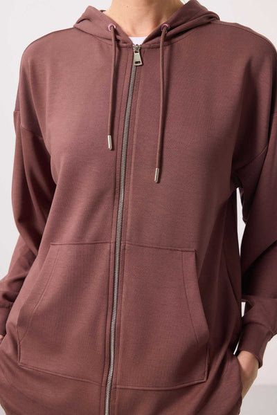 Tommylife Toptan Yumuşak Dokulu Kapüşonlu Oversize Kadın Tunik Sweatshirt - 97302 Kahverengi