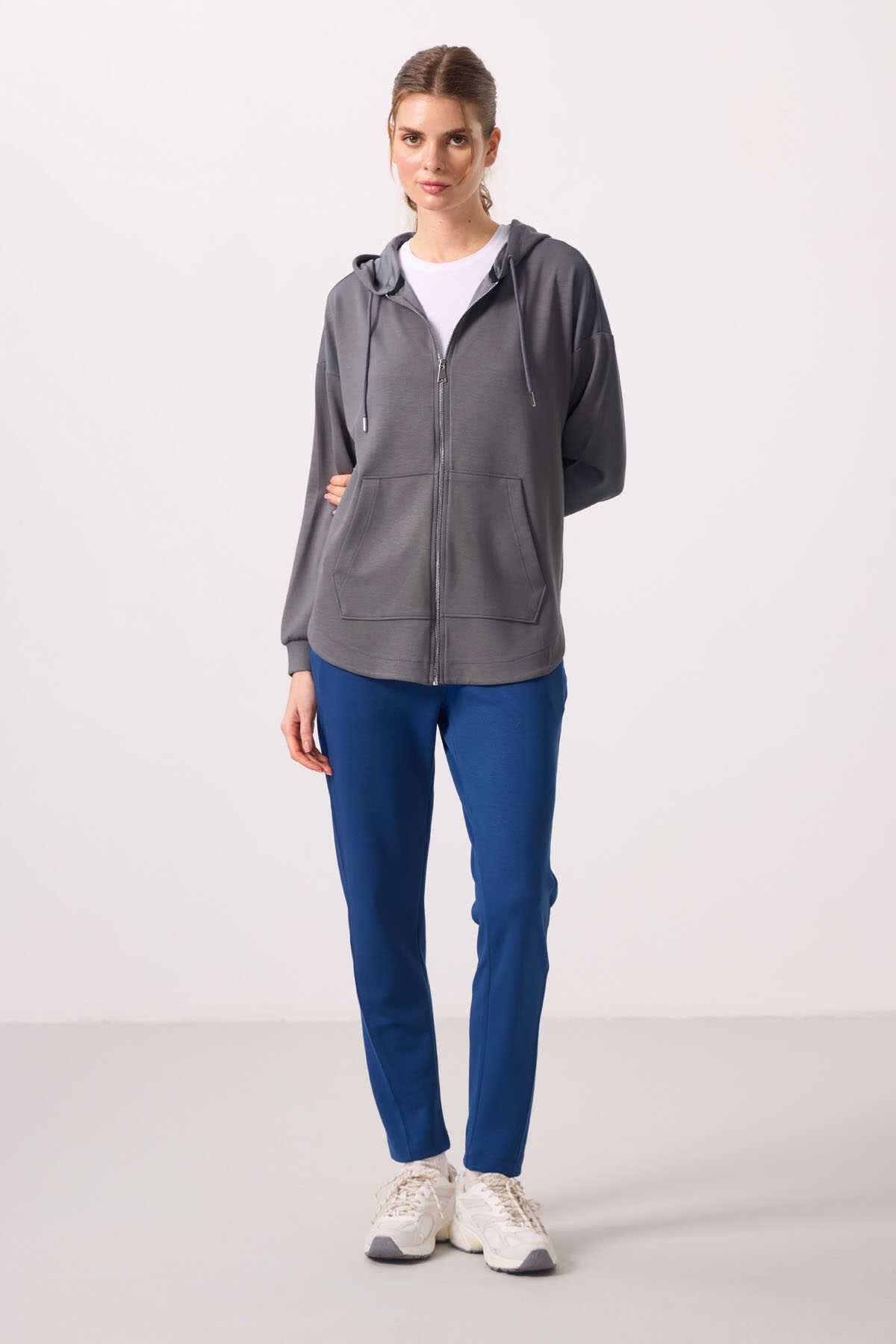 Tommylife Toptan Pufos Texturat Gluga Oversize Femeie Tunica Sweatshirt - 97302 Gri Inchis