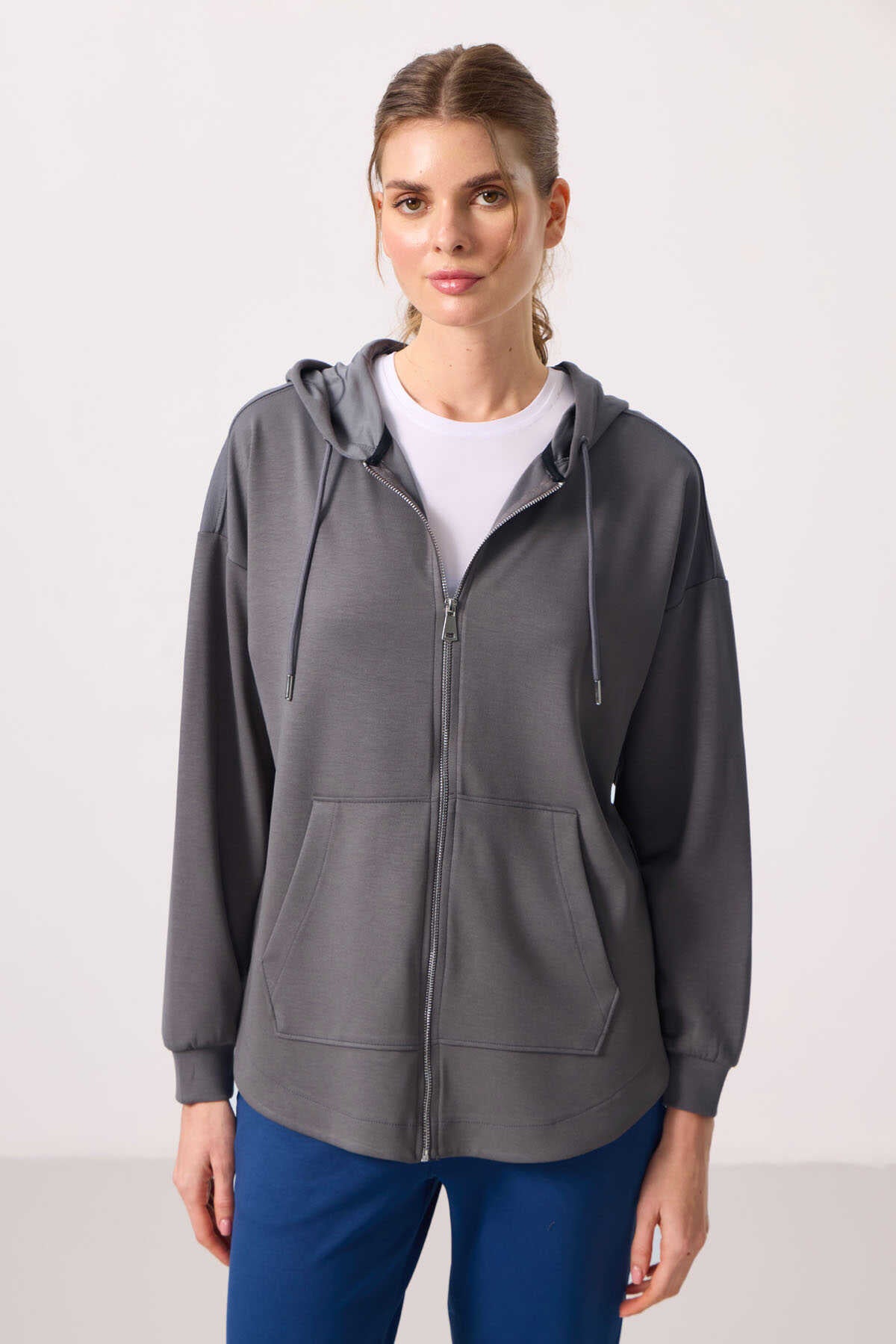 Tommylife Toptan Pufos Texturat Gluga Oversize Femeie Tunica Sweatshirt - 97302 Gri Inchis