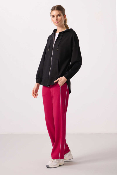 Tommylife Toptan Pufos Texturat Gluga Oversize Femeie Tunica Sweatshirt - 97302 Negru