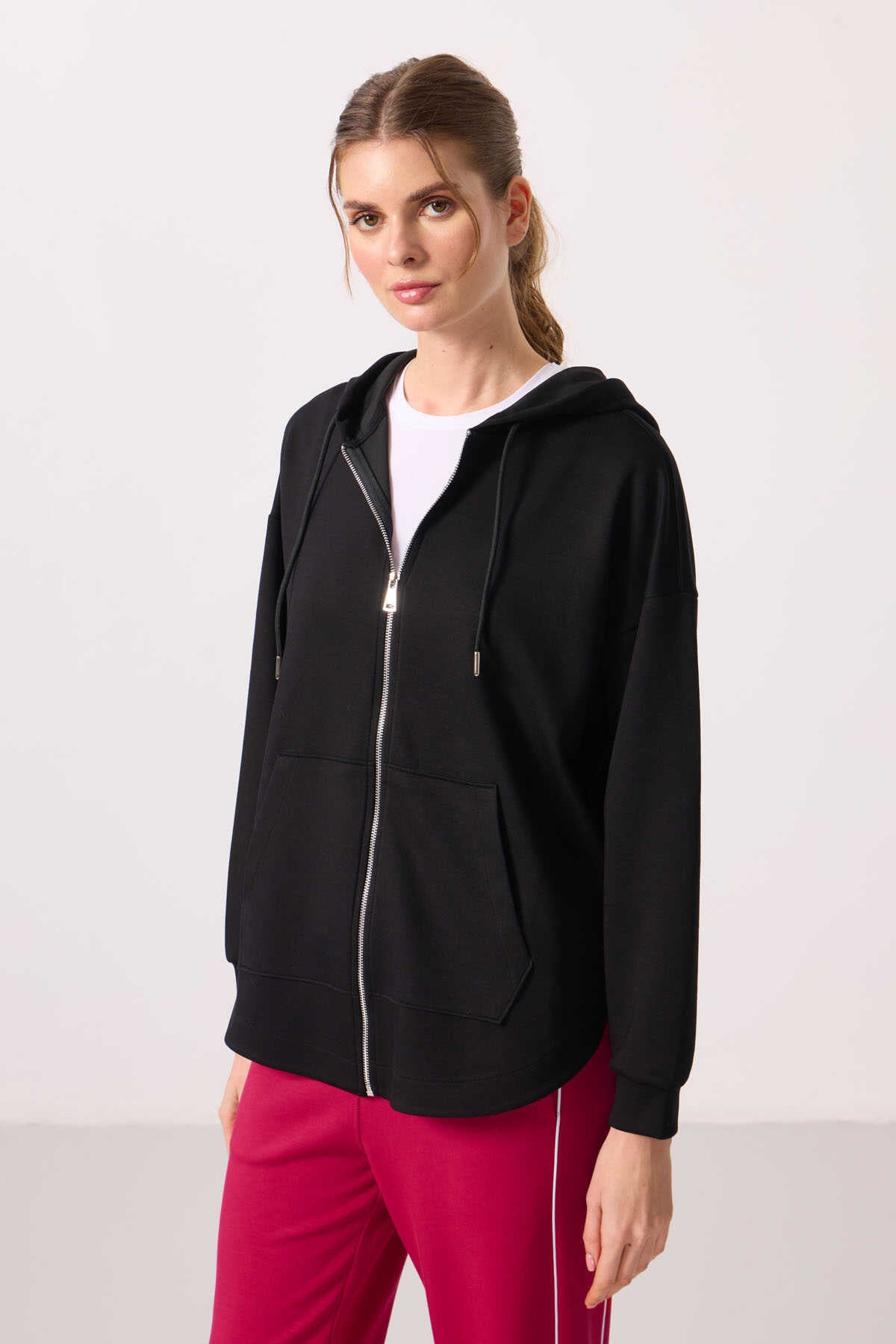 Tommylife Toptan Pufos Texturat Gluga Oversize Femeie Tunica Sweatshirt - 97302 Negru