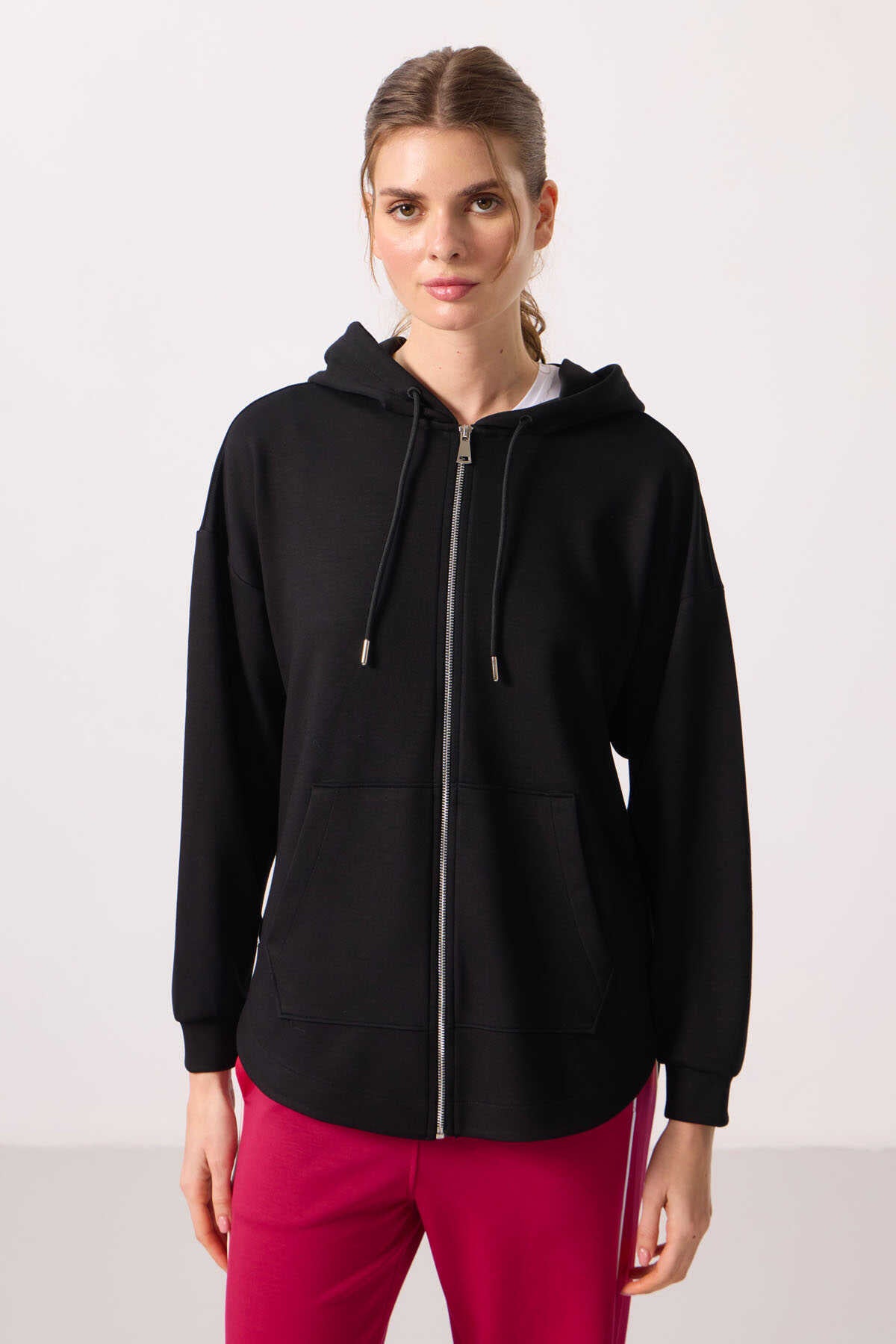 Tommylife Toptan Pufos Texturat Gluga Oversize Femeie Tunica Sweatshirt - 97302 Negru