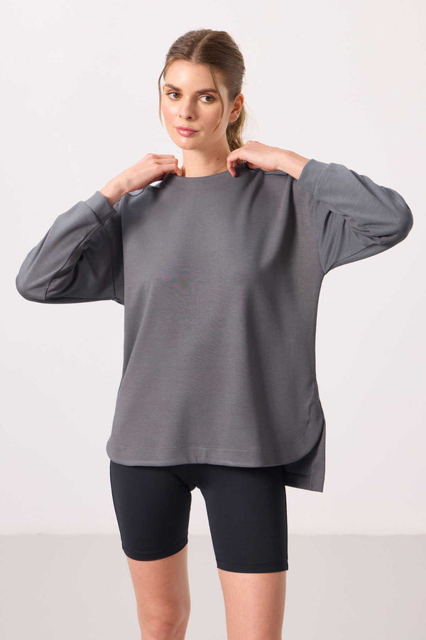 Tommylife Toptan Yumuşak Dokulu O Yaka Rahat Form Kadın Tunik Sweatshirt - 97305 Koyu Gri