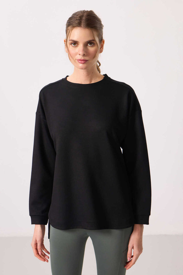 Tommylife Toptan Yumuşak Dokulu O Yaka Rahat Form Kadın Tunik Sweatshirt - 97305 Siyah