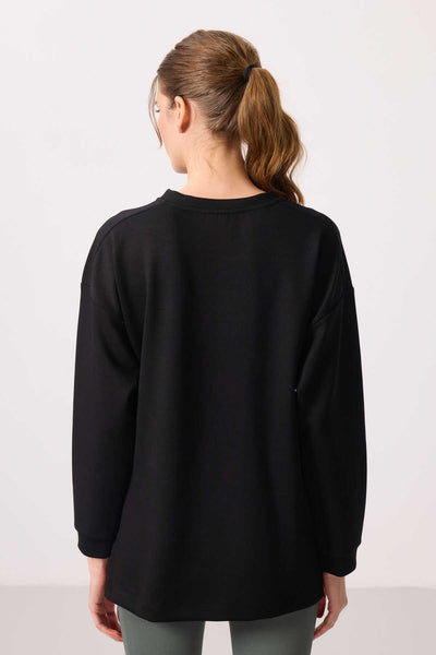 Tommylife Toptan Yumuşak Dokulu O Yaka Rahat Form Kadın Tunik Sweatshirt - 97305 Siyah