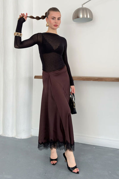 Topshow | Lace Detail Satin Skirt - Coffee | D2930