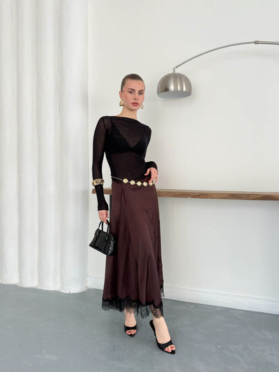 Topshow | Lace Detail Satin Skirt - Coffee | D2930