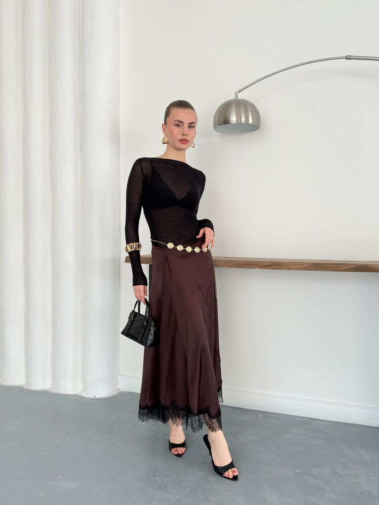 Topshow | Lace Detail Satin Skirt - Coffee | D2930