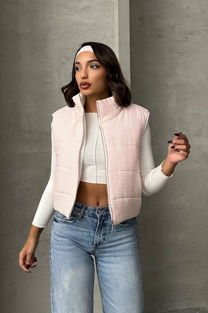 Gingham Pattern Fiber-Filled Puffer Vest - Light Pink