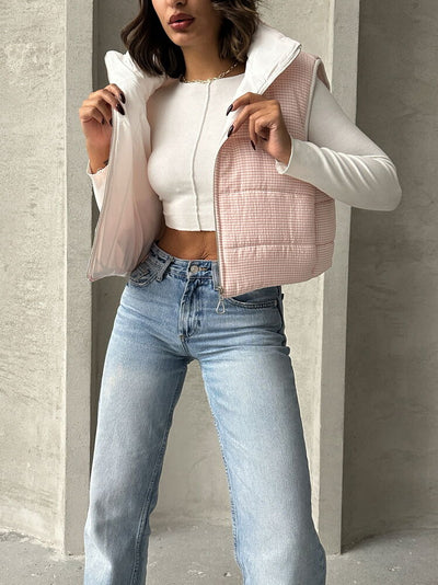 Gingham Pattern Fiber-Filled Puffer Vest - Light Pink