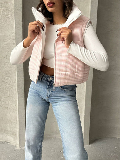 Gingham Pattern Fiber-Filled Puffer Vest - Light Pink