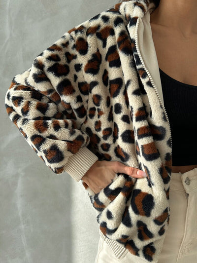 Leopar Bakılı Peluj Toptan Mont - Açık Taş Leopar