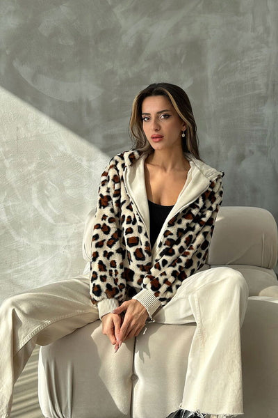 Leopar Bakılı Peluj Toptan Mont - Açık Taş Leopar
