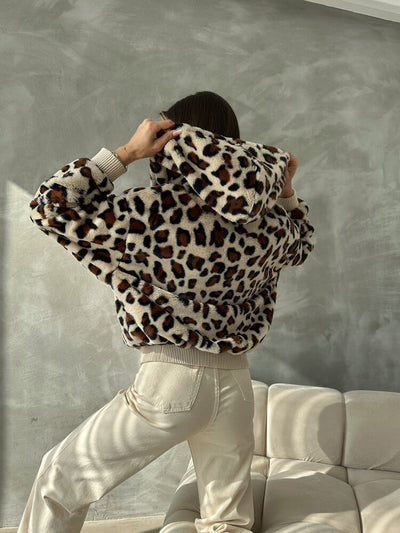 Leopar Bakılı Peluj Toptan Mont - Açık Taş Leopar
