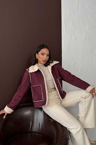 Topshow Topshow Bordo Süet Peluş Toptan Mont | F1856