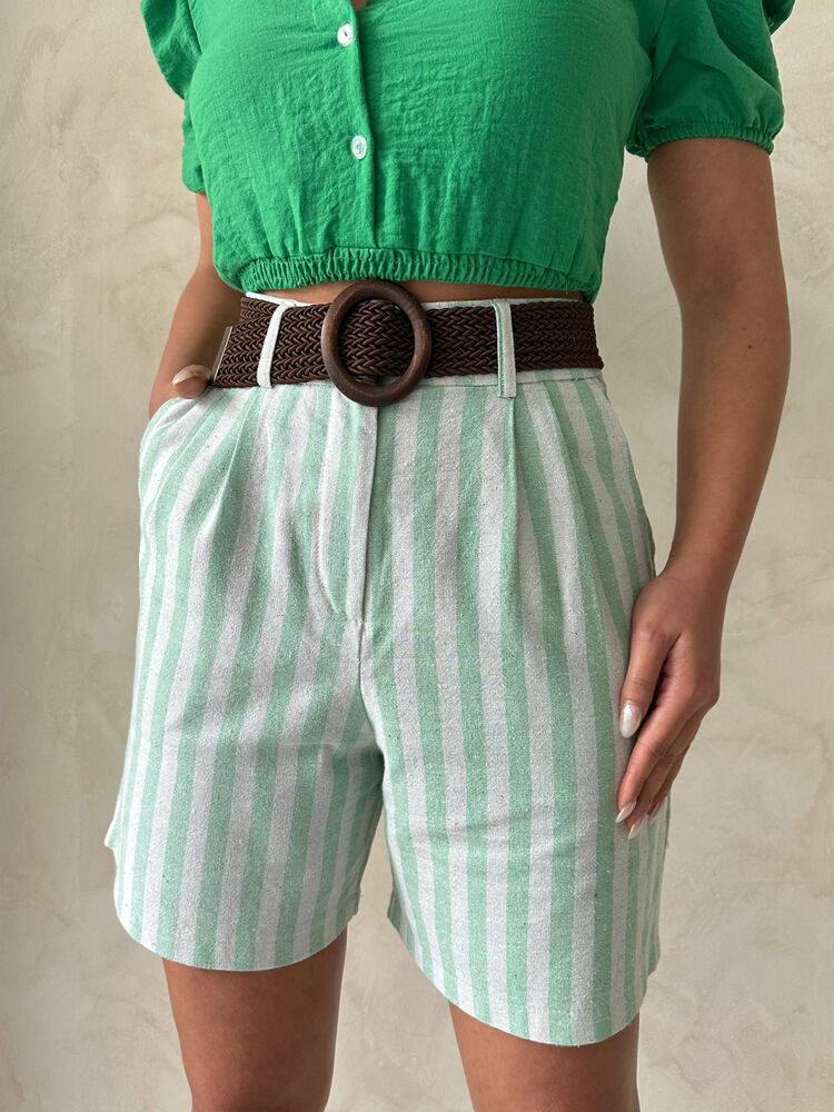 Pantaloni scurți en-gros din in cu dungi și curea Topshow Çağla