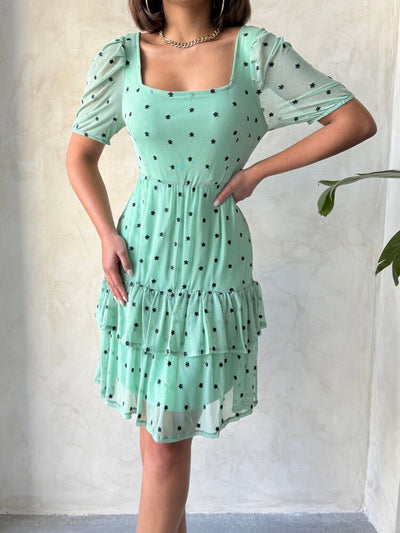 Rochie Topshow Çağla cu guler tip barcă, fustă florală, mânecă scurtă, en-gros