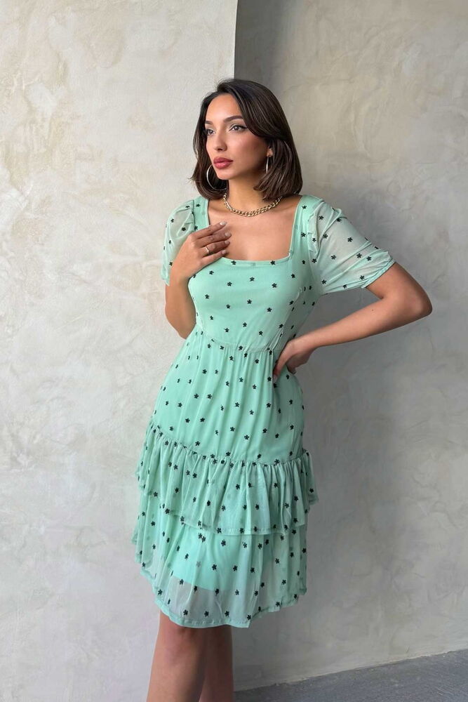 Rochie Topshow Çağla cu guler tip barcă, fustă florală, mânecă scurtă, en-gros