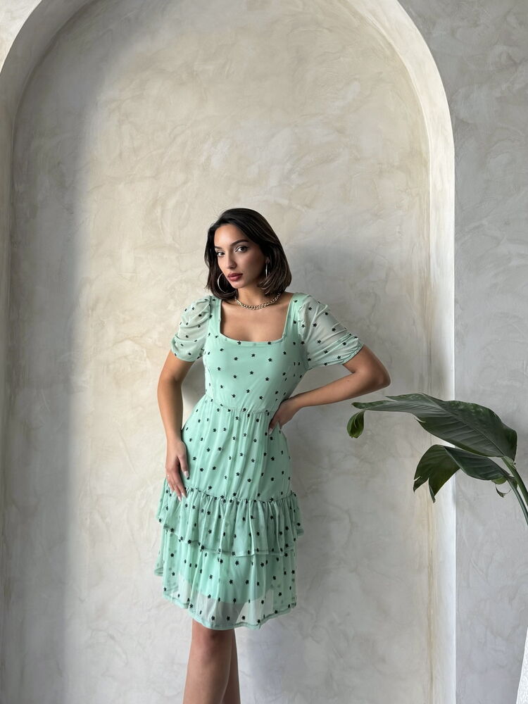 Rochie Topshow Çağla cu guler tip barcă, fustă florală, mânecă scurtă, en-gros